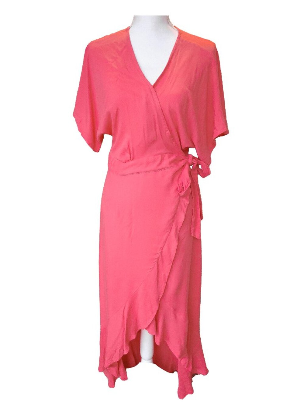 Young Fabulous & broke Dress Pink Flutter Sleeve Wrap Dress Coral Tie Waist Midi
